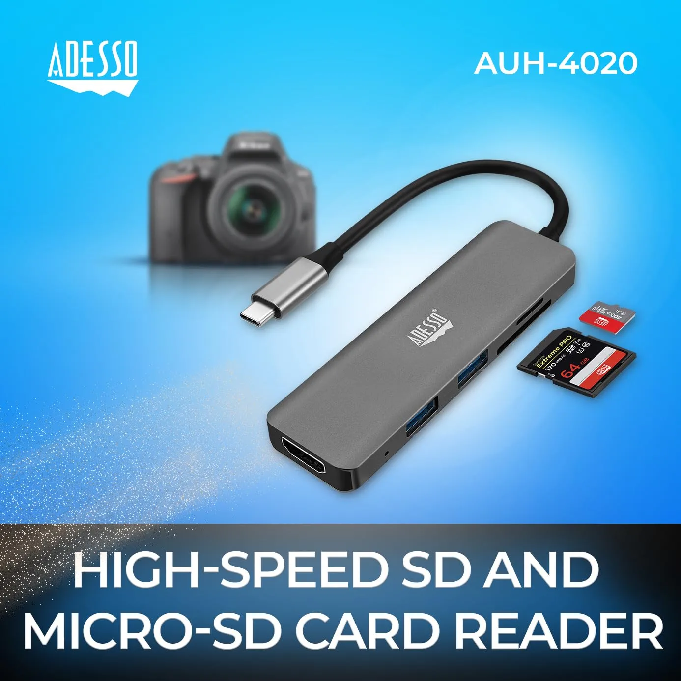 Adesso USB C Docking Station Multiport Adapter Dongle Type C Hub HDMI Support 4K@30Hz, PD Charging, 2*USB, SD/TF Card Reader for MacBook Windows Laptop (TAA Compliant)