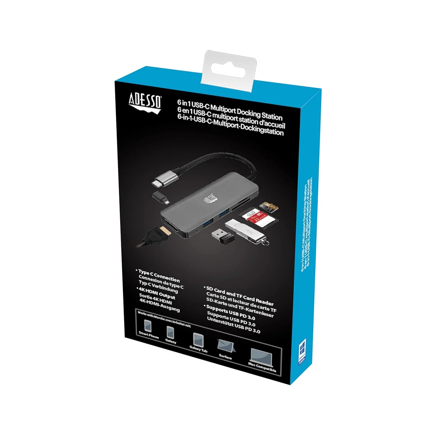 Adesso USB C Docking Station Multiport Adapter Dongle Type C Hub HDMI Support 4K@30Hz, PD Charging, 2*USB, SD/TF Card Reader for MacBook Windows Laptop (TAA Compliant)