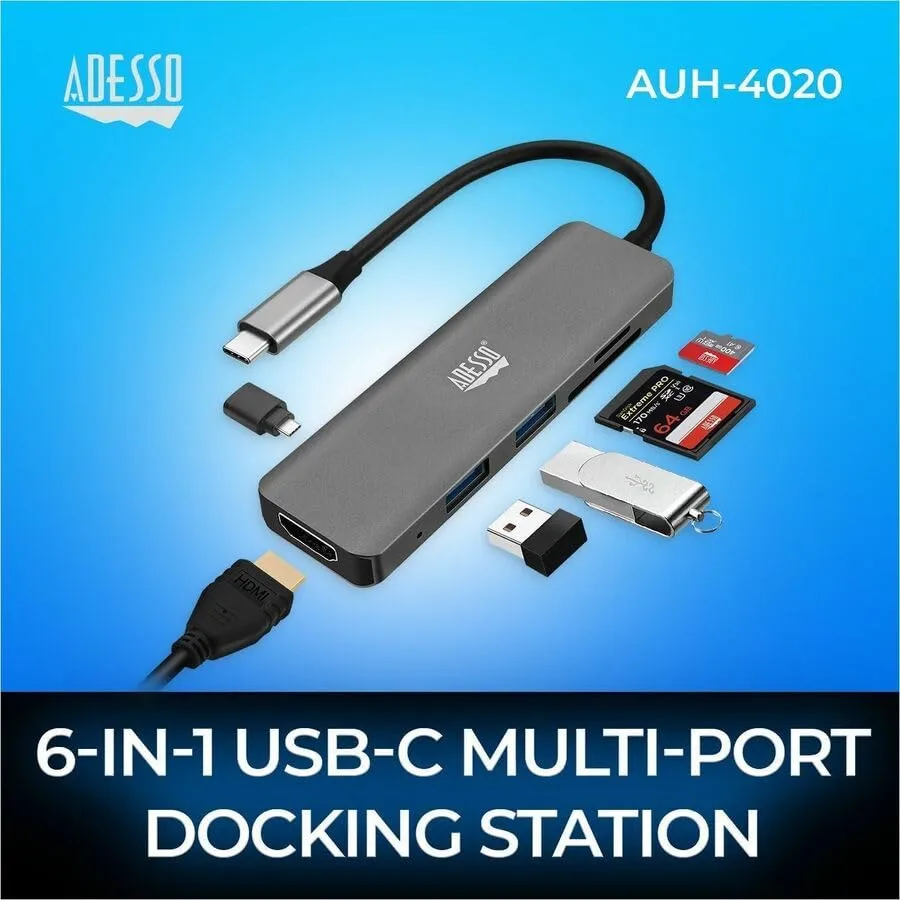 Adesso USB C Docking Station Multiport Adapter Dongle Type C Hub HDMI Support 4K@30Hz, PD Charging, 2*USB, SD/TF Card Reader for MacBook Windows Laptop (TAA Compliant)