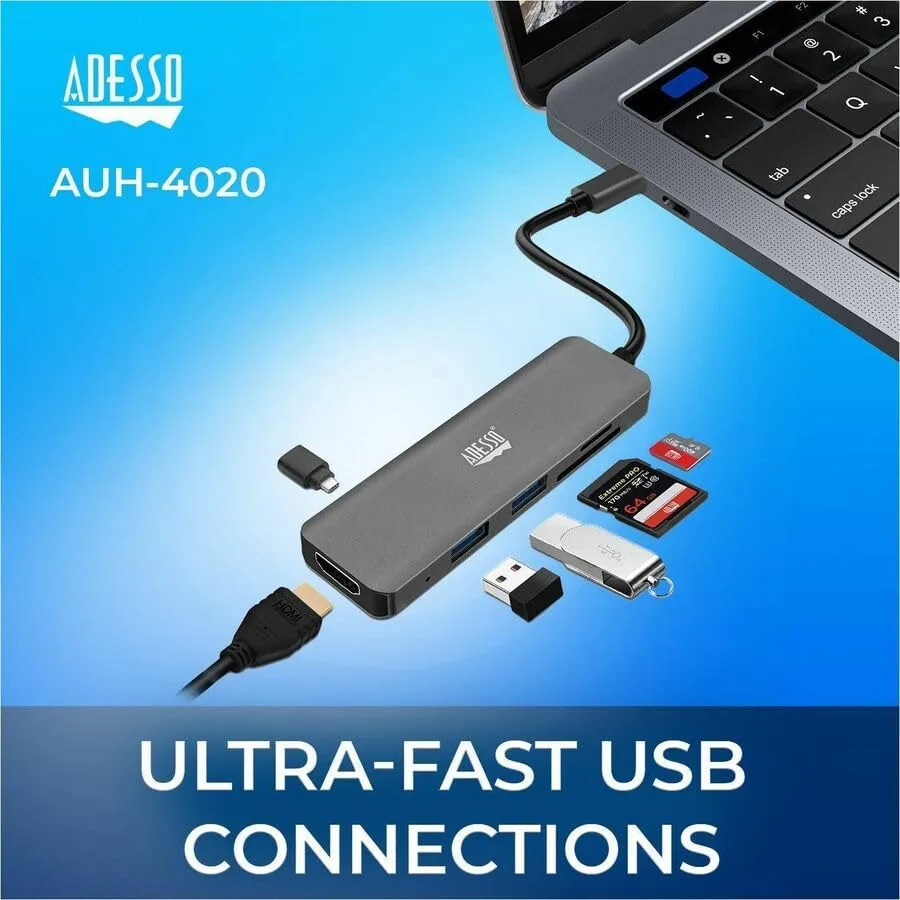 Adesso USB C Docking Station Multiport Adapter Dongle Type C Hub HDMI Support 4K@30Hz, PD Charging, 2*USB, SD/TF Card Reader for MacBook Windows Laptop (TAA Compliant)