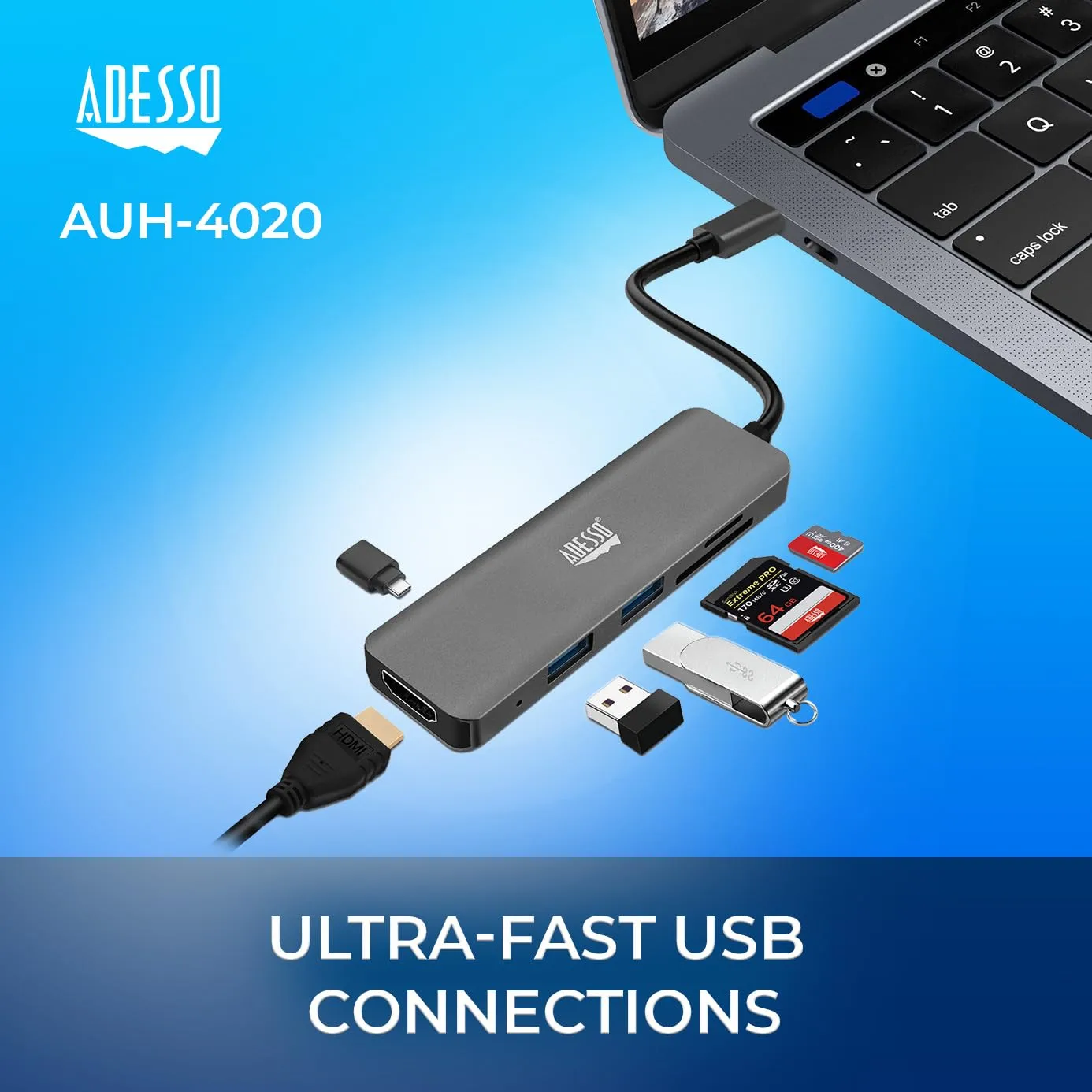 Adesso USB C Docking Station Multiport Adapter Dongle Type C Hub HDMI Support 4K@30Hz, PD Charging, 2*USB, SD/TF Card Reader for MacBook Windows Laptop (TAA Compliant)
