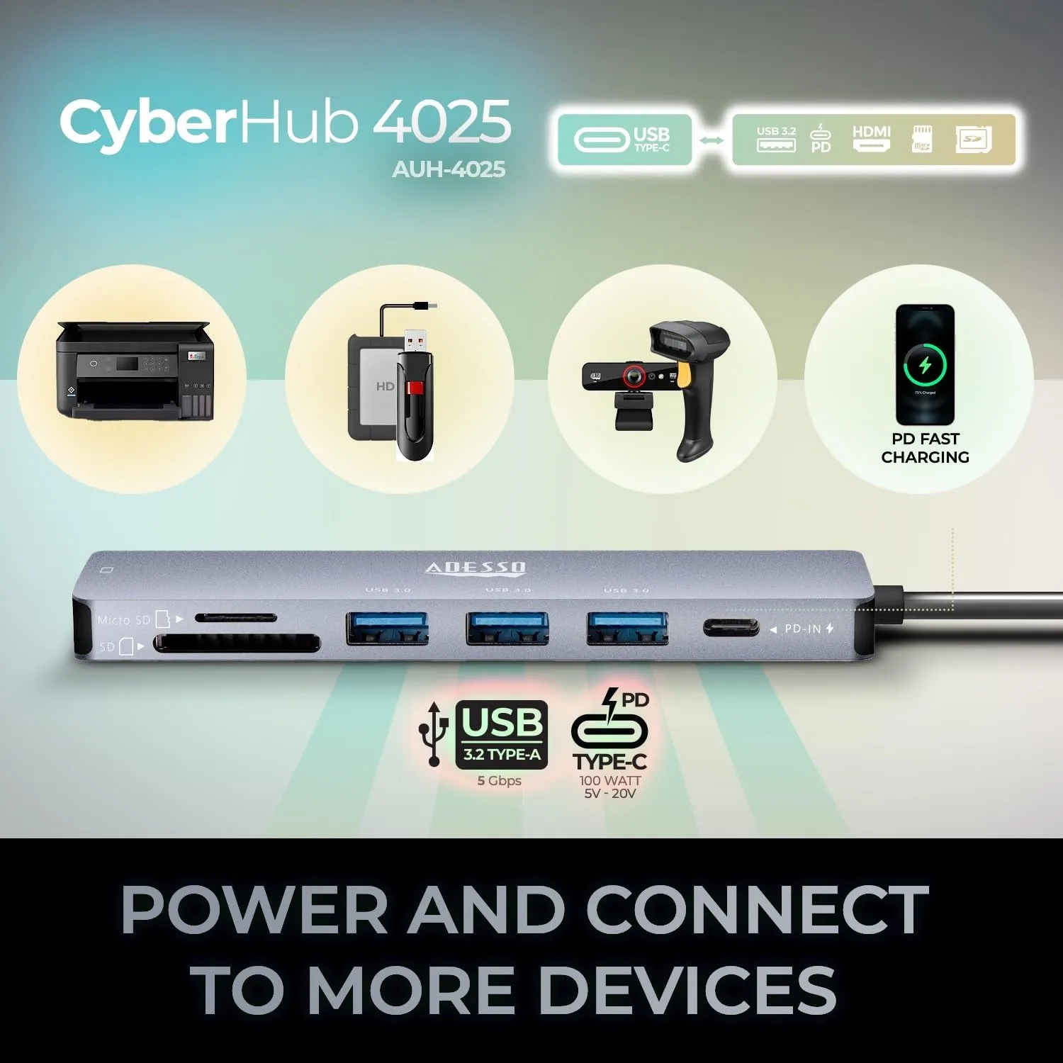 Adesso AUH-4025 USB C Docking Station Multiport Adapter Type C Hub Supports USB C to x1 4K HDMI, 3X USB-A 3.2, 1x PD