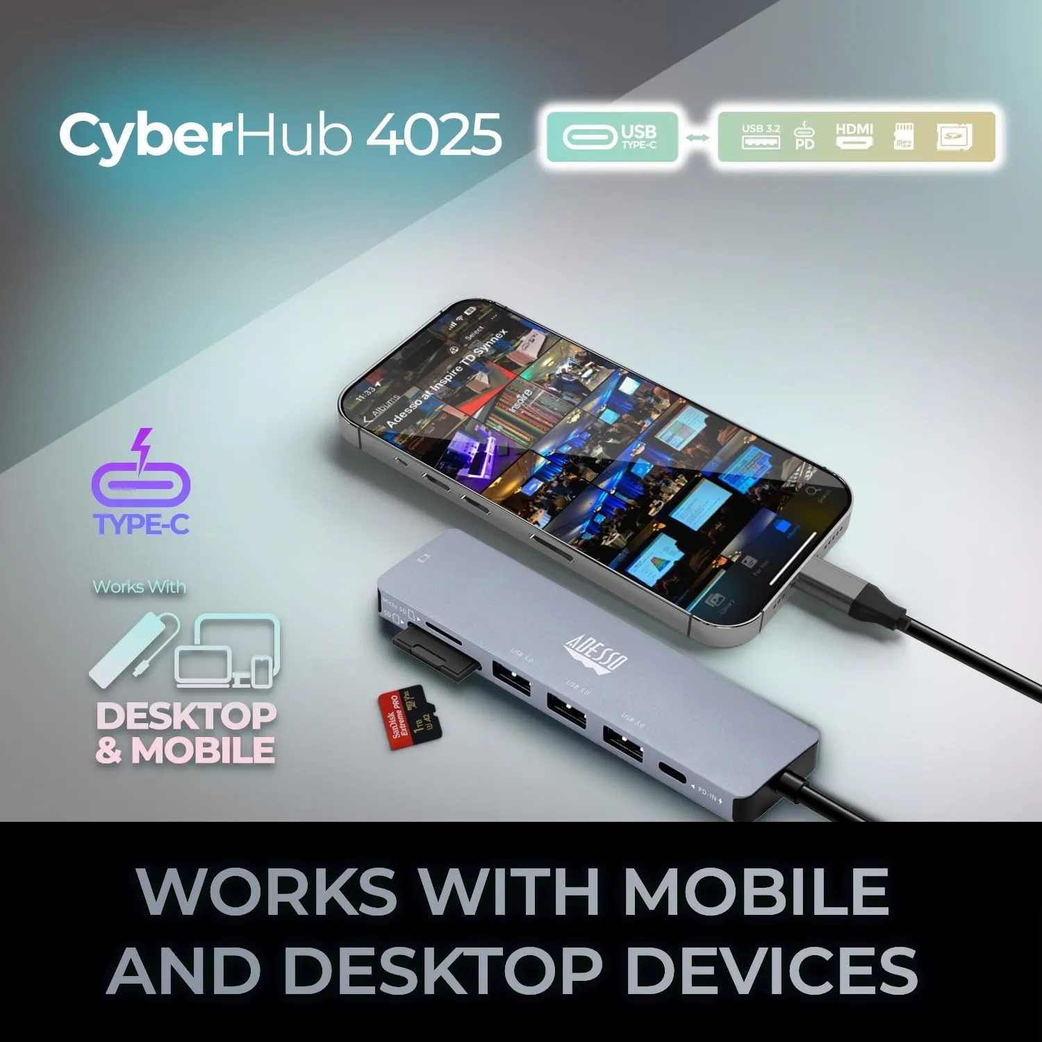 Adesso AUH-4025 USB C Docking Station Multiport Adapter Type C Hub Supports USB C to x1 4K HDMI, 3X USB-A 3.2, 1x PD