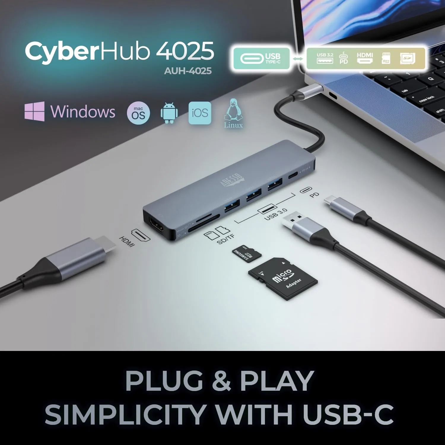 Adesso AUH-4025 USB C Docking Station Multiport Adapter Type C Hub Supports USB C to x1 4K HDMI, 3X USB-A 3.2, 1x PD