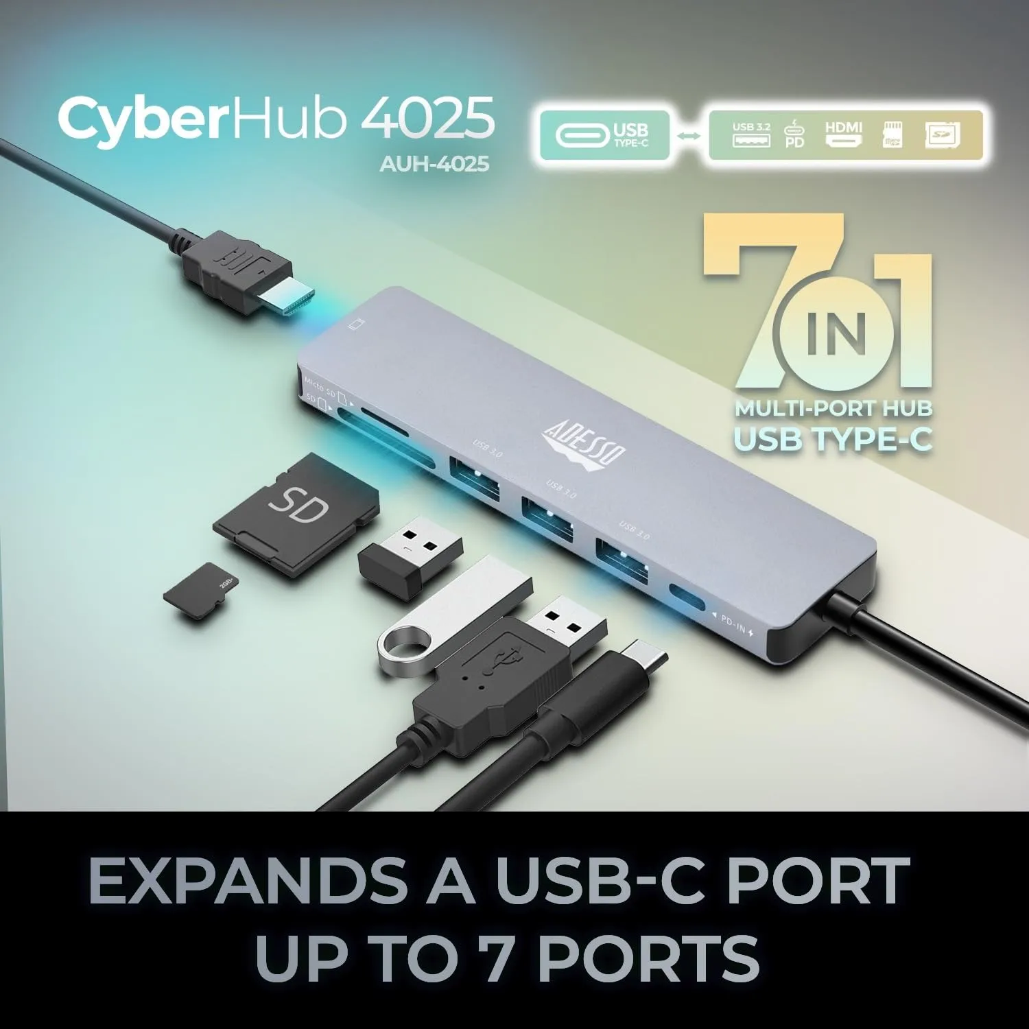 Adesso AUH-4025 USB C Docking Station Multiport Adapter Type C Hub Supports USB C to x1 4K HDMI, 3X USB-A 3.2, 1x PD