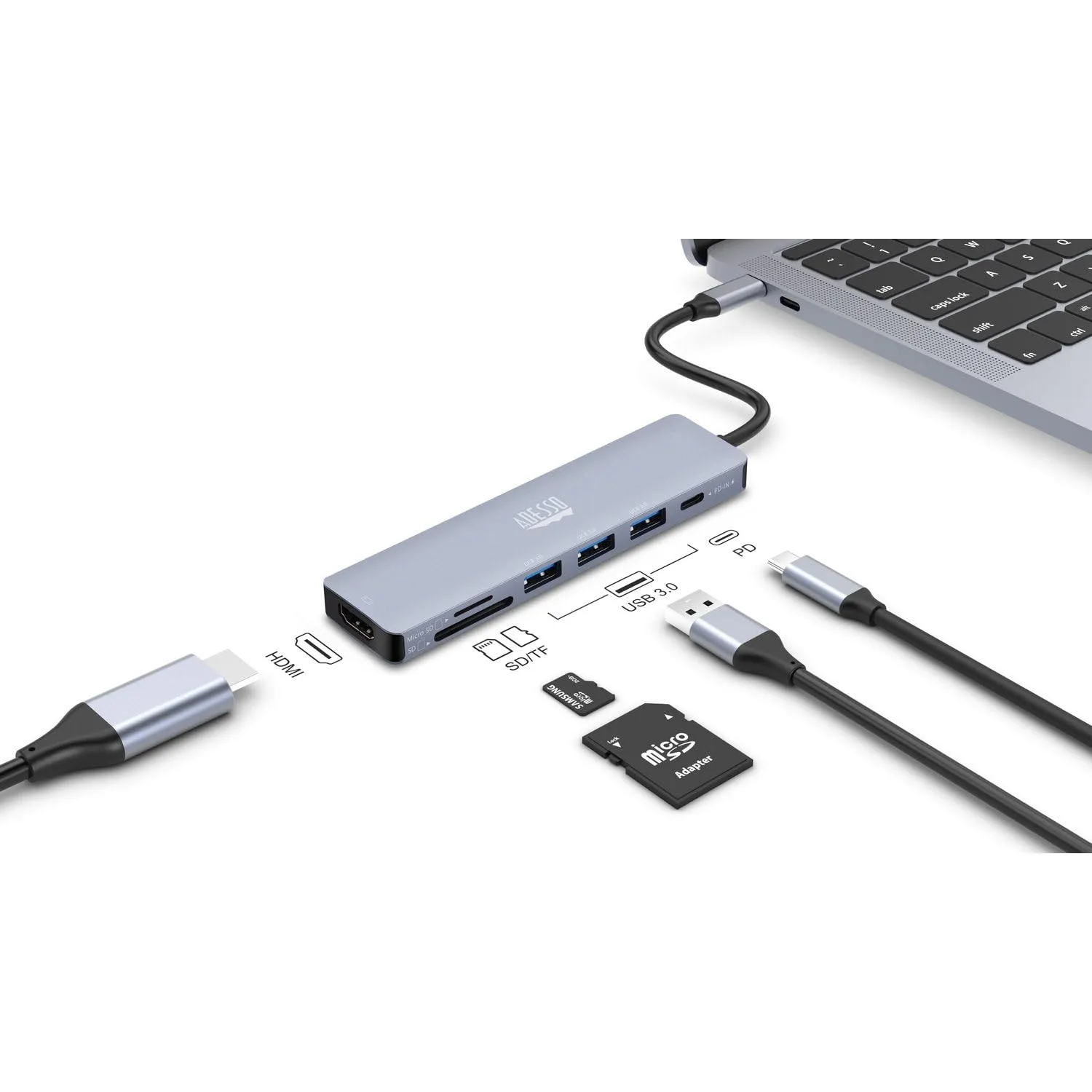 Adesso AUH-4025 USB C Docking Station Multiport Adapter Type C Hub Supports USB C to x1 4K HDMI, 3X USB-A 3.2, 1x PD