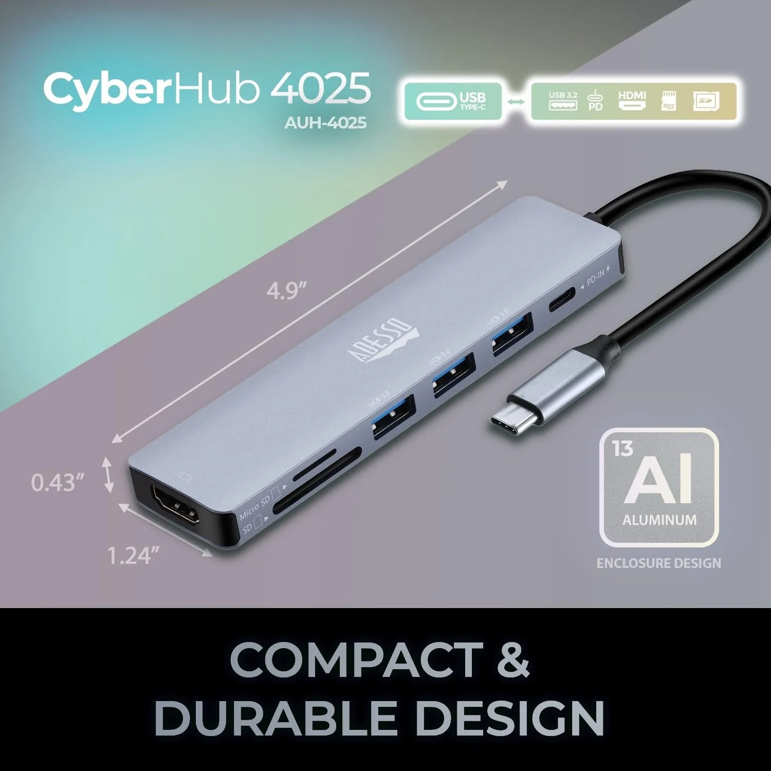 Adesso AUH-4025 USB C Docking Station Multiport Adapter Type C Hub Supports USB C to x1 4K HDMI, 3X USB-A 3.2, 1x PD