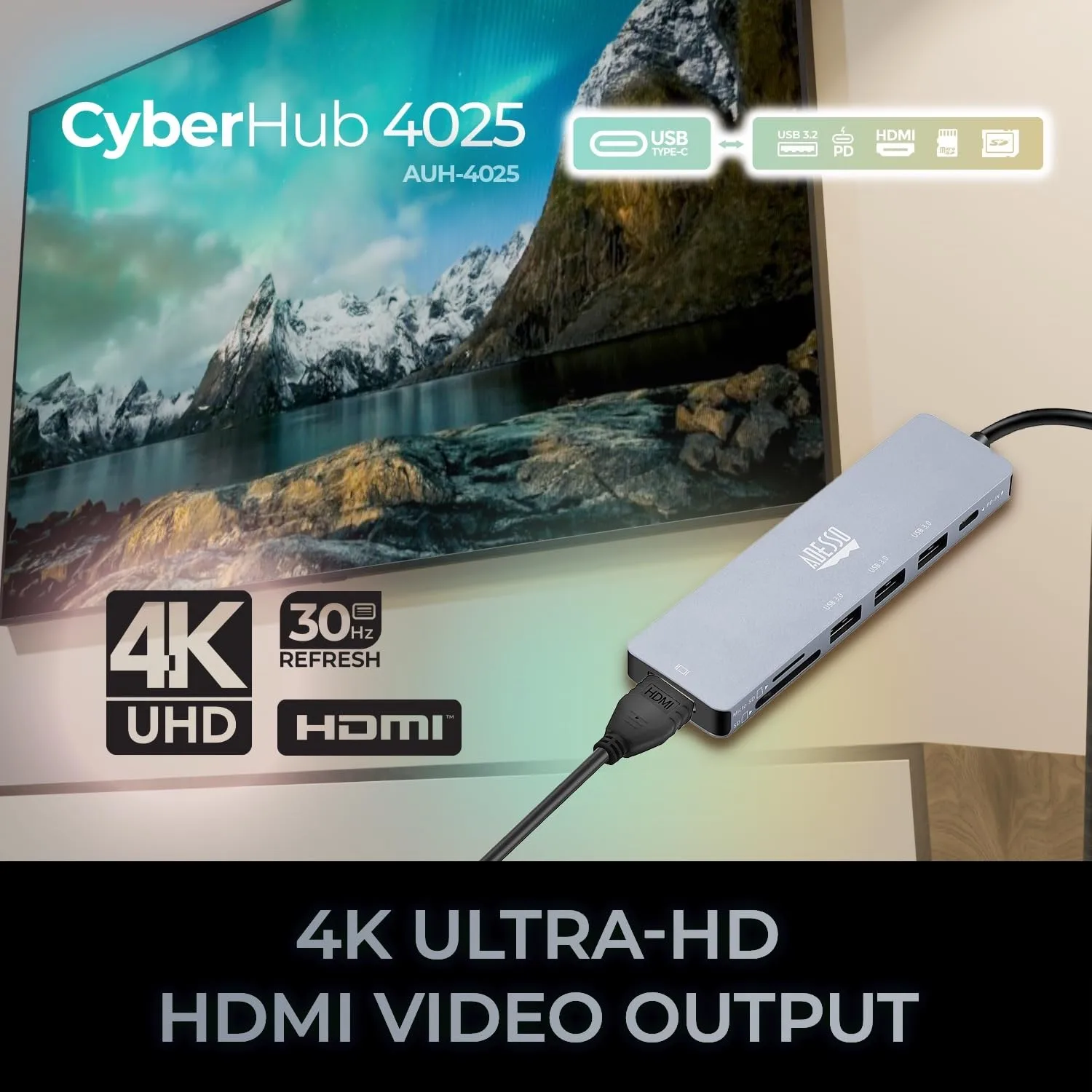 Adesso AUH-4025 USB C Docking Station Multiport Adapter Type C Hub Supports USB C to x1 4K HDMI, 3X USB-A 3.2, 1x PD