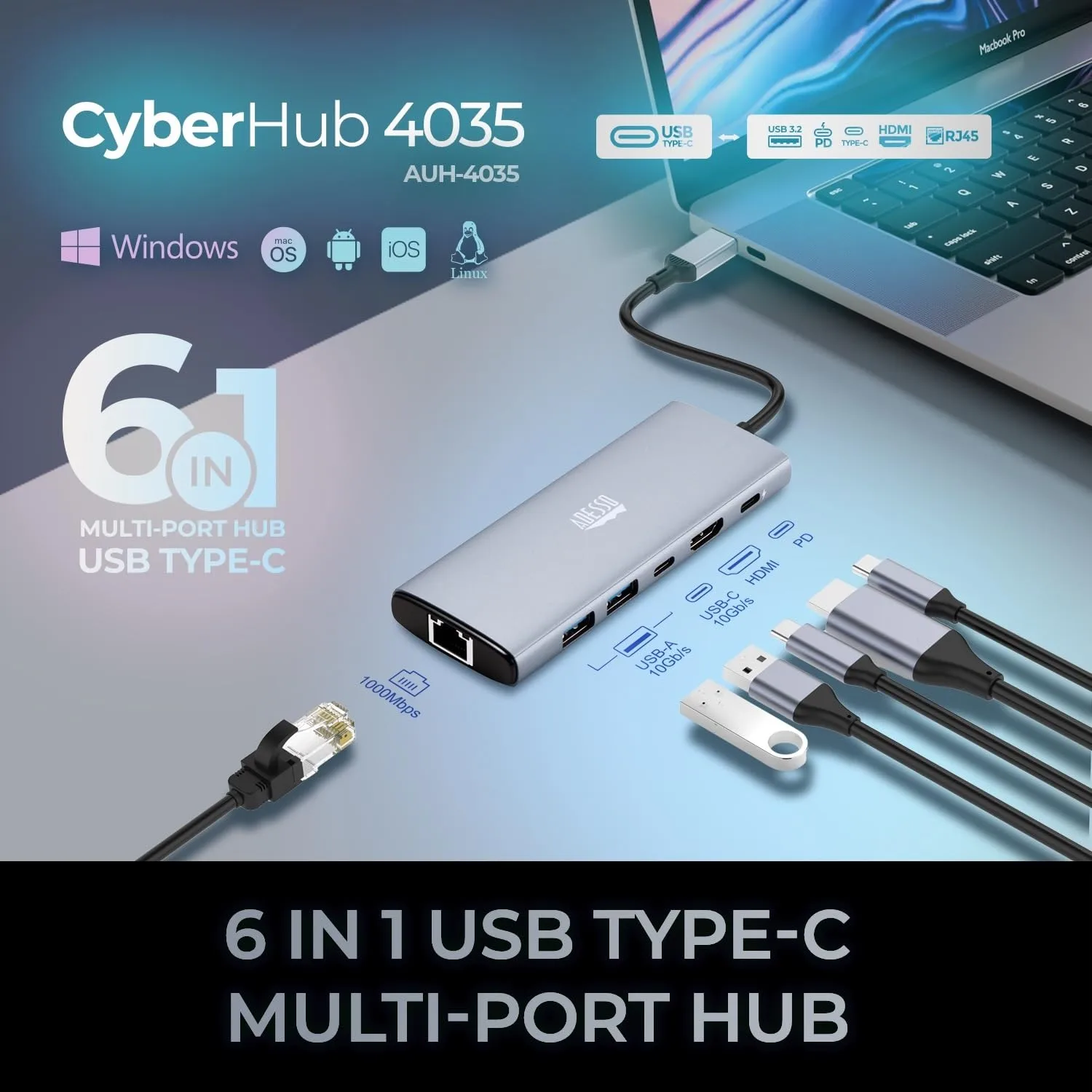 Adesso AUH-4035 7 in 1 Docking Station, Supports USB C to x1 4K HDMI, 3X USB-A 3.2, 1x PD, 1x Micro SD, 1x SD Card