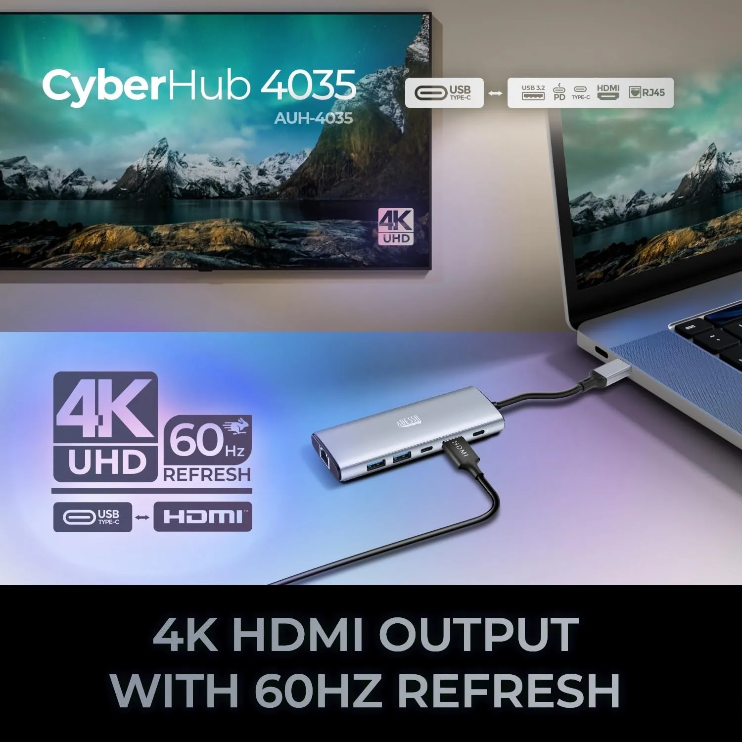 Adesso AUH-4035 7 in 1 Docking Station, Supports USB C to x1 4K HDMI, 3X USB-A 3.2, 1x PD, 1x Micro SD, 1x SD Card