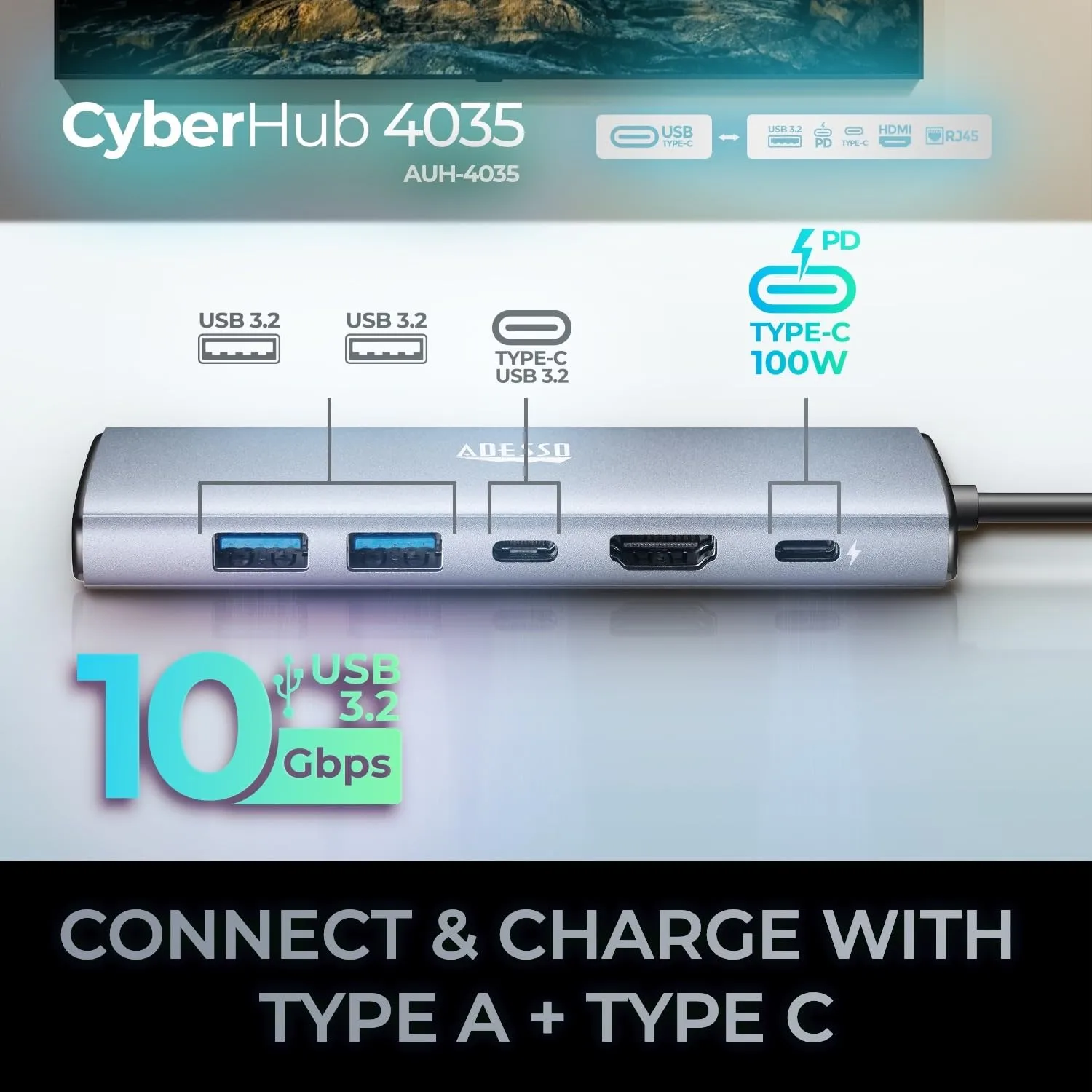 Adesso AUH-4035 7 in 1 Docking Station, Supports USB C to x1 4K HDMI, 3X USB-A 3.2, 1x PD, 1x Micro SD, 1x SD Card