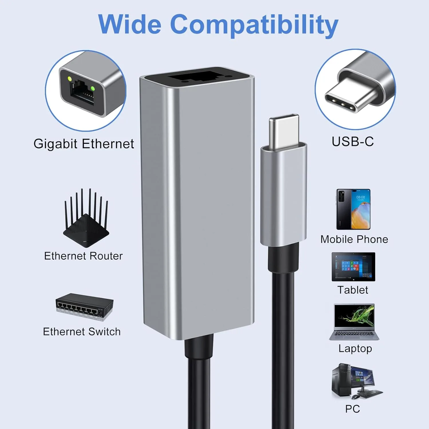 AUH-5000 USB-C to Ethernet Network Adapter - Gigabit Speed, Aluminum Alloy Case, LED Indicator, Plug & Play