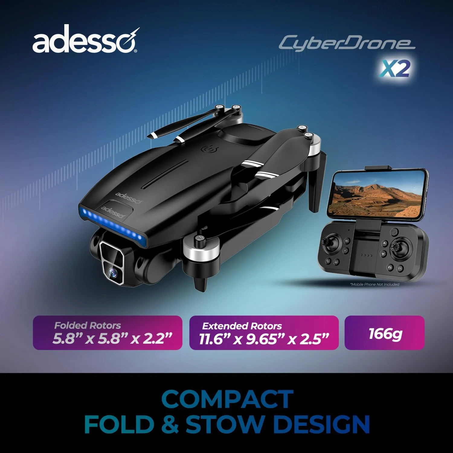 Adesso CyberDrone X2 Remote Controlled Drone with 1080P Camera Lightweight Portable 80 Meter Range Dual App and Remote