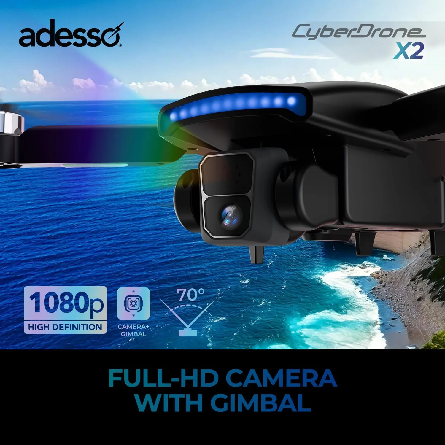 Adesso CyberDrone X2 Remote Controlled Drone with 1080P Camera Lightweight Portable 80 Meter Range Dual App and Remote