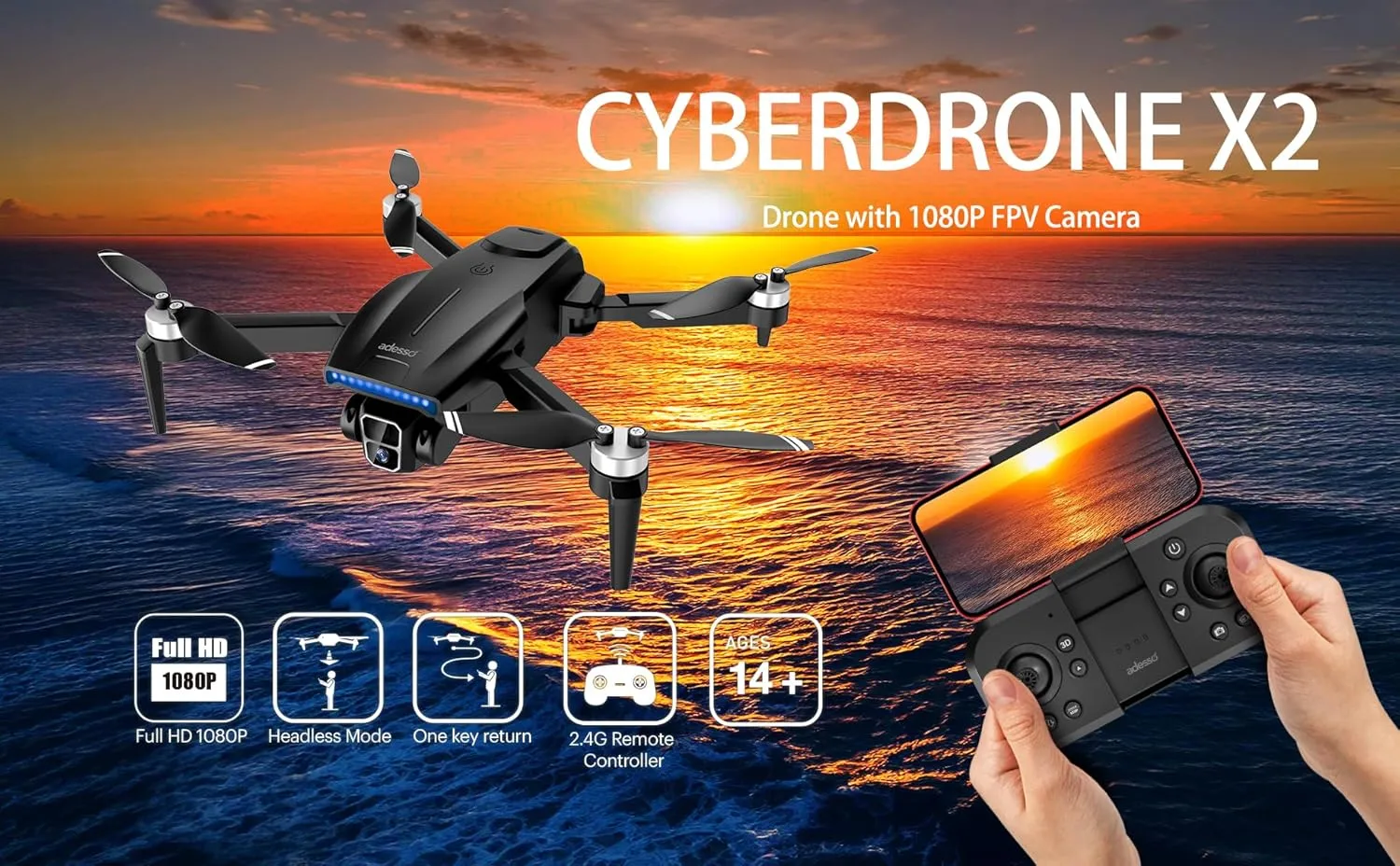Adesso CyberDrone X2 Remote Controlled Drone with 1080P Camera Lightweight Portable 80 Meter Range Dual App and Remote