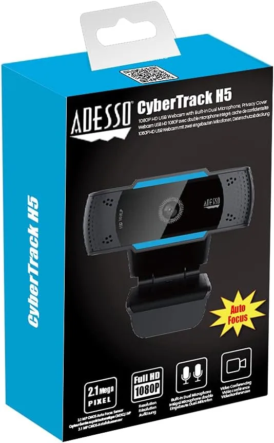 CyberTrack H5-TAA 1080P HD Auto Focus Webcam with Built-in Dual Microphone, Tripod Mount and Privacy Shutter Cover TAA Compliant
