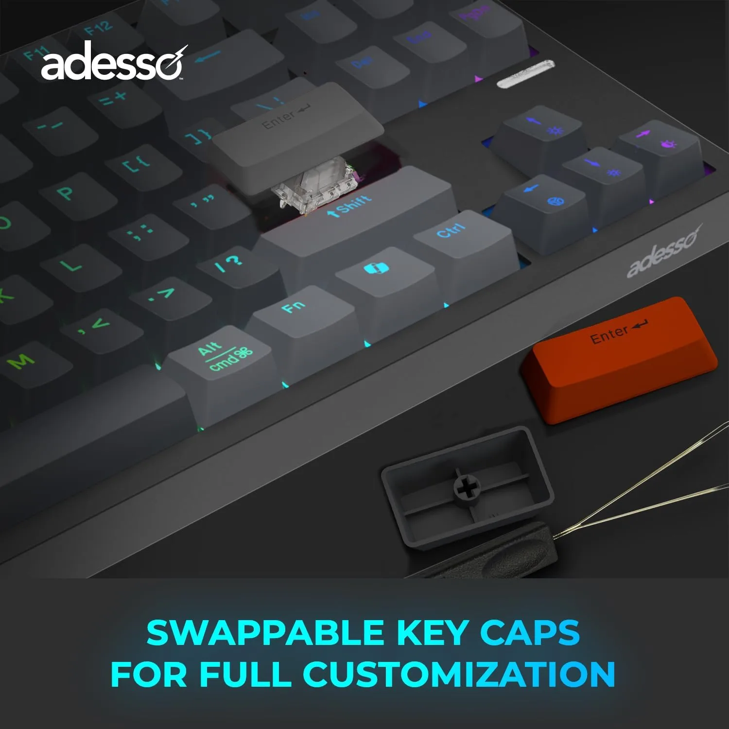 ADESSO EasyTouch 1100 Wired/Wireless/Bluetooth Multi-OS Illuminated Mechanical VIA Compact Keyboard with Copilot Ai Hotkey
