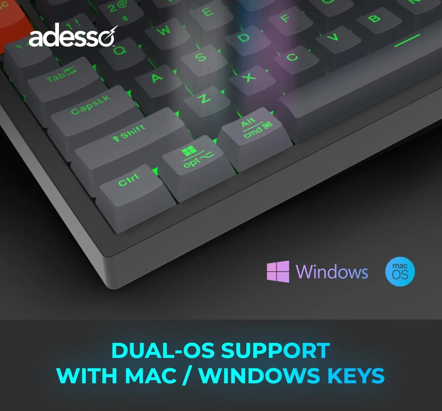 ADESSO EasyTouch 1100 Wired/Wireless/Bluetooth Multi-OS Illuminated Mechanical VIA Compact Keyboard with Copilot Ai Hotkey