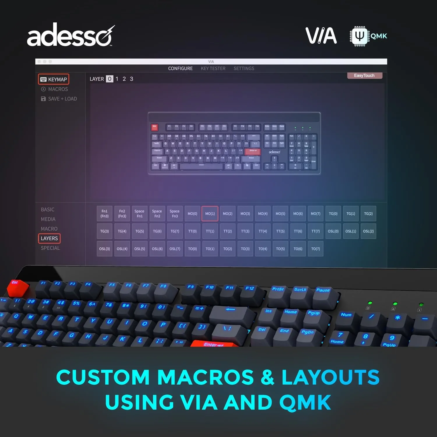 ADESSO Easytouch 1300 Mechanical RGB Hot-Swappable Keyboard with Copilot AI Hotkey