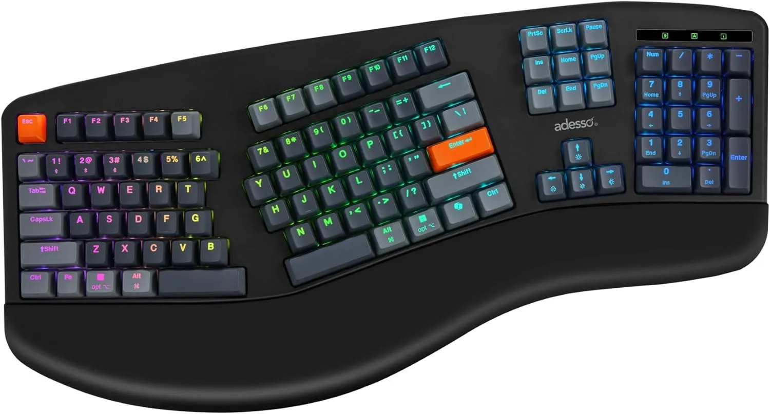 ADESSO EasyTouch 1500 Ergonomic Mechanical Keyboard - Cherry Red, RGB, Wired/Wireless/Bluetooth, VIA Programmable, Copilot AI Hotkey