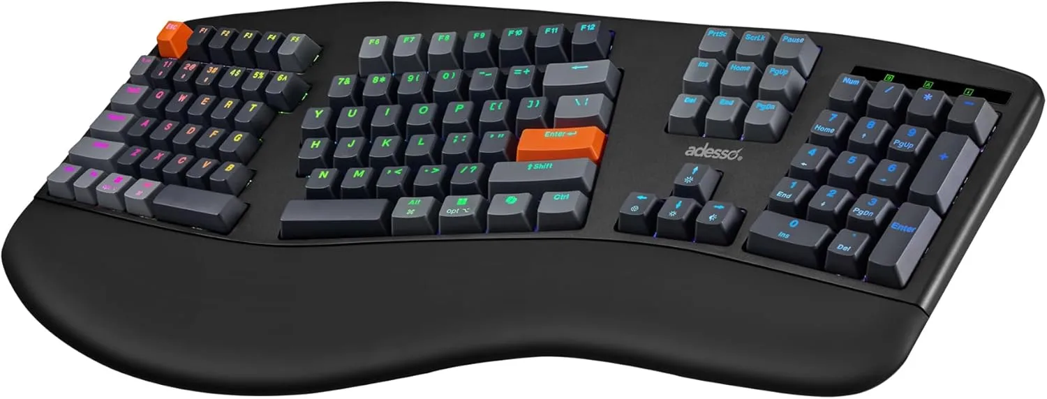 ADESSO EasyTouch 1500 Ergonomic Mechanical Keyboard - Cherry Red, RGB, Wired/Wireless/Bluetooth, VIA Programmable, Copilot AI Hotkey