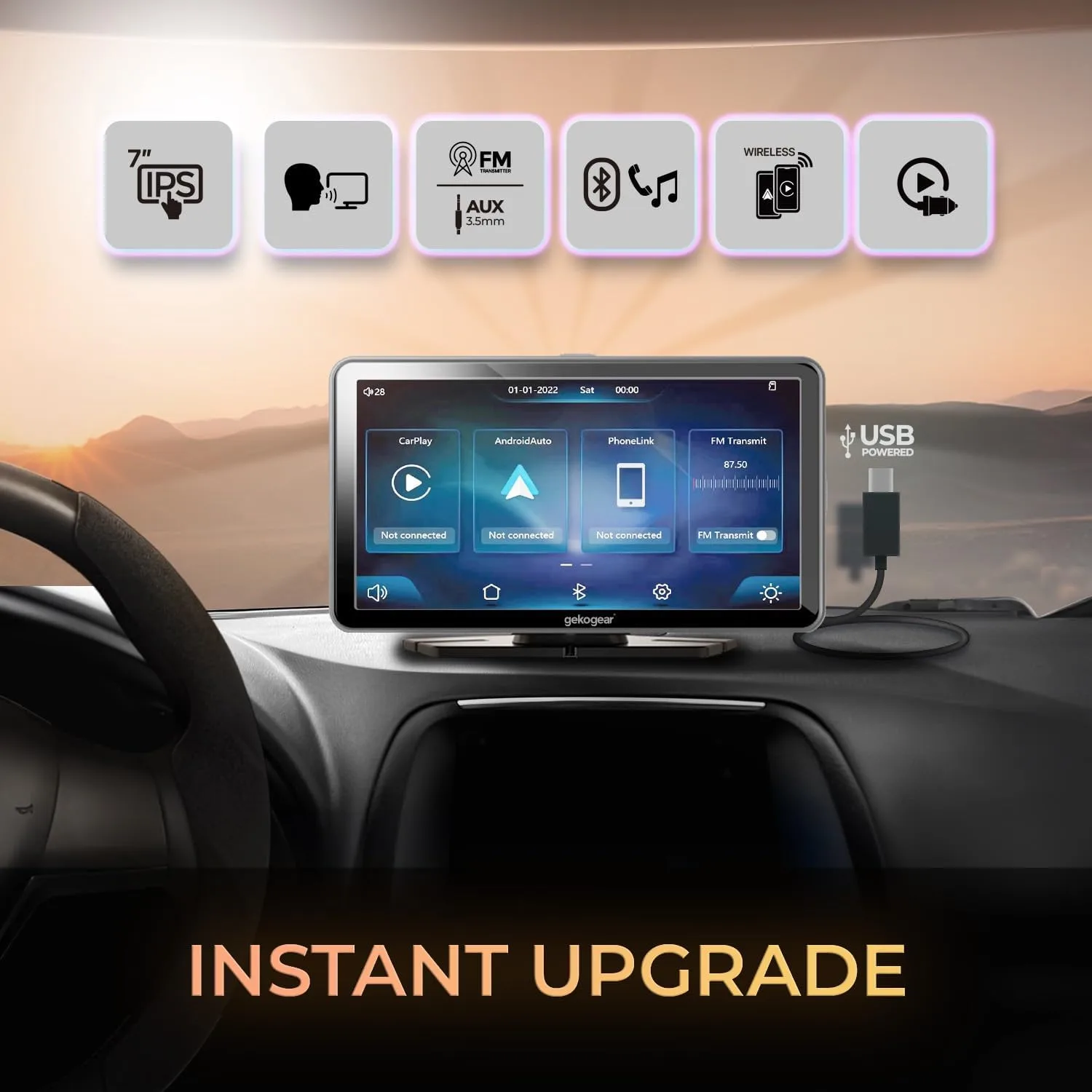GekoGear Orbit C100 7-in. Portable Infotainment Display Compatible with Apple CarPlay, Android Auto, Bluetooth, and Wi-Fi