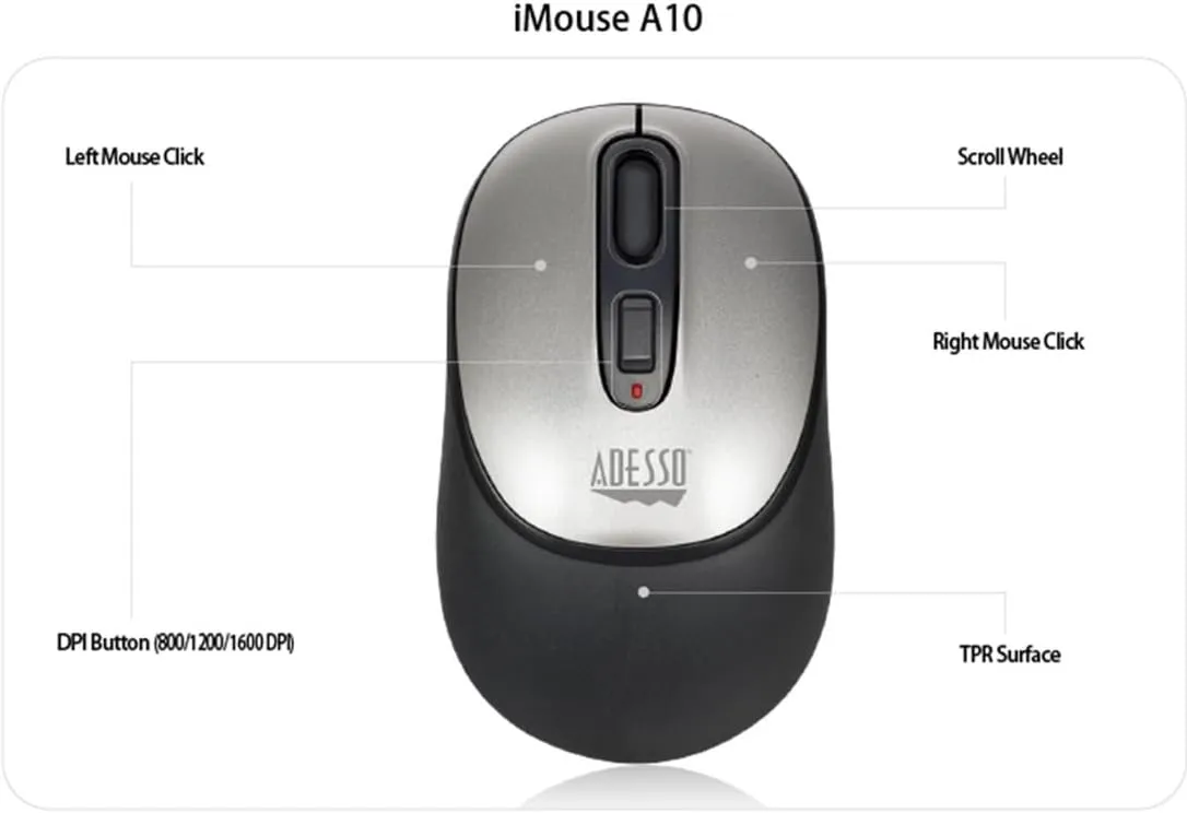 iMouse A10 Wireless Optical Mouse, 2.4 GHz RF Technology, 800/1200/1600 DPI, Right & Left Hand Use, with Nano Receiver