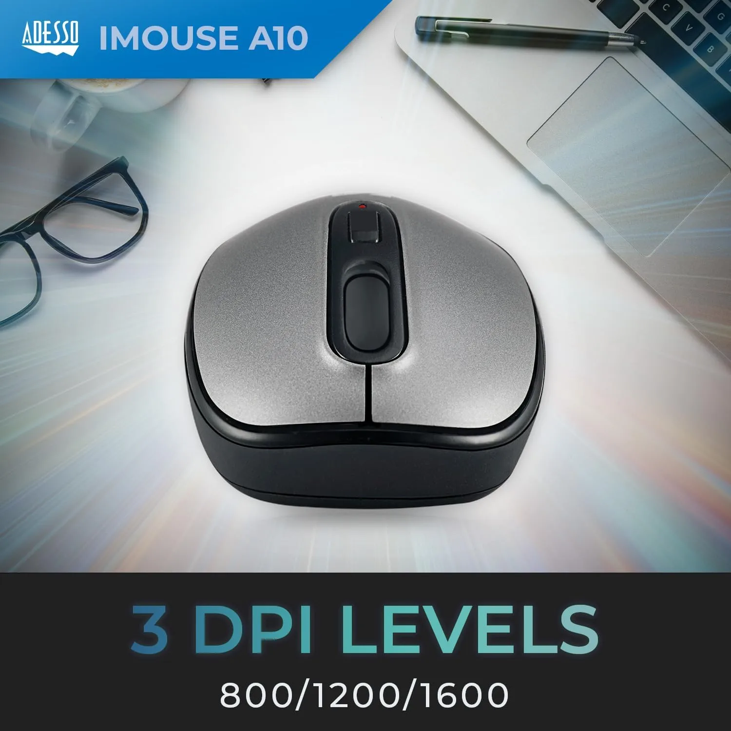 iMouse A10 Wireless Optical Mouse, 2.4 GHz RF Technology, 800/1200/1600 DPI, Right & Left Hand Use, with Nano Receiver