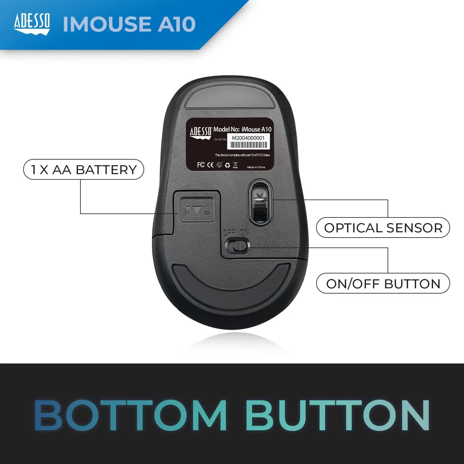 iMouse A10 Wireless Optical Mouse, 2.4 GHz RF Technology, 800/1200/1600 DPI, Right & Left Hand Use, with Nano Receiver