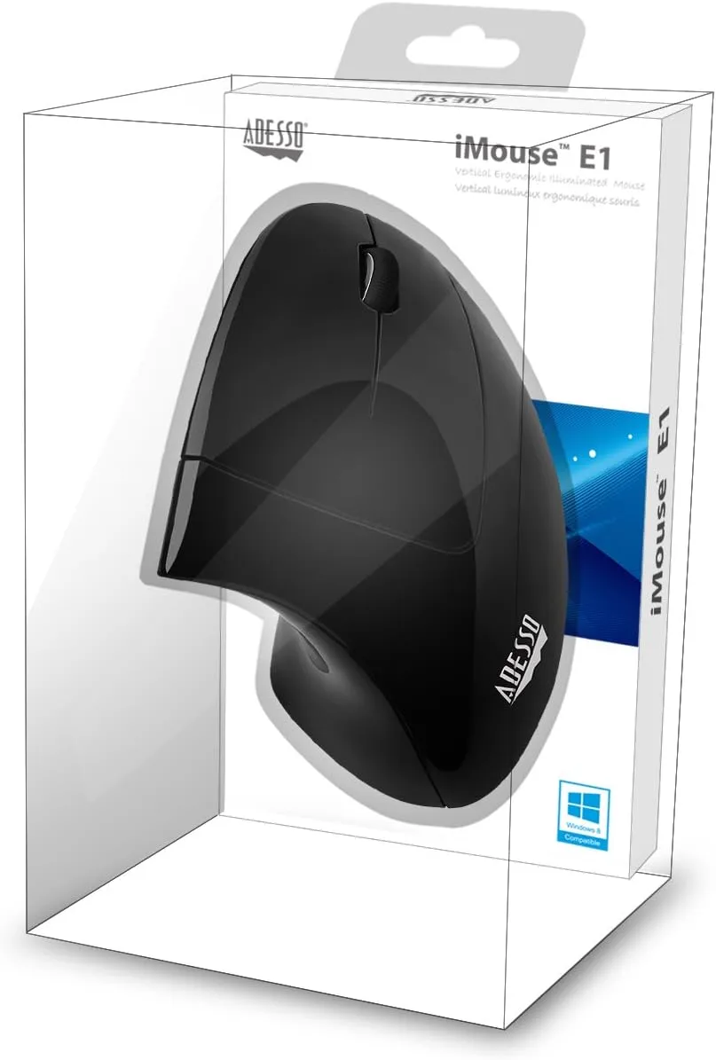 Adesso iMouse E1 Wired Vertical Ergonomic Illuminated Optical 6-Button USB Mouse - Glossy Black, Right-Handed