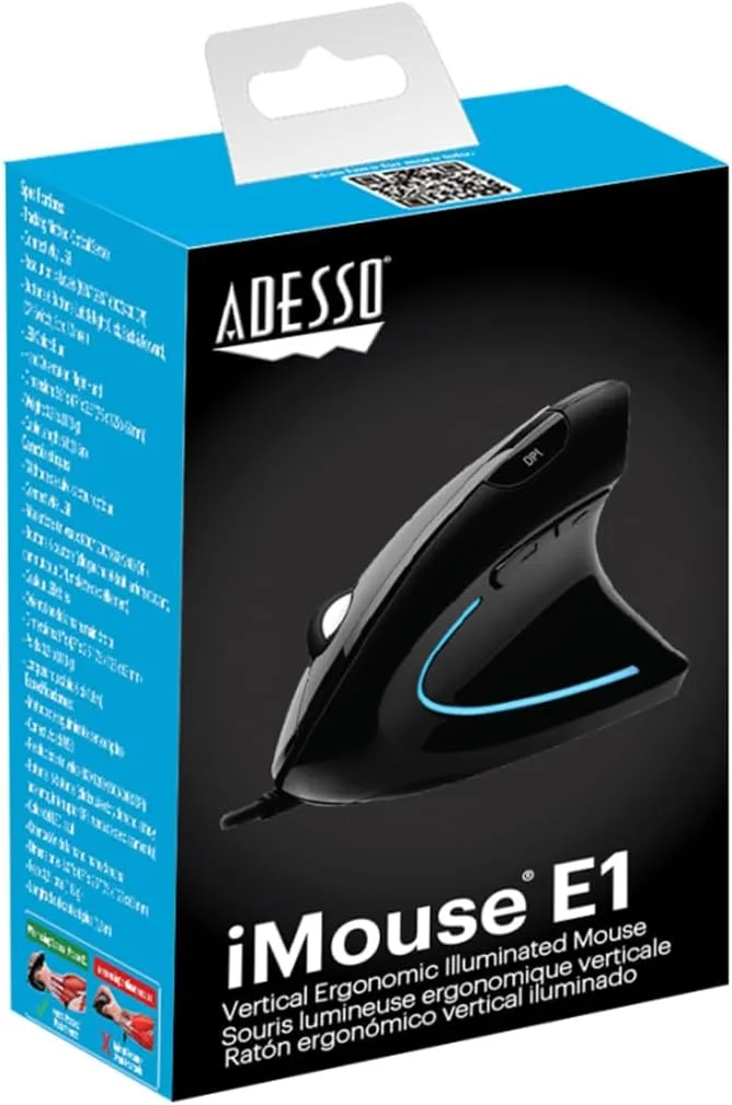 Adesso iMouse E1 Wired Vertical Ergonomic Illuminated Optical 6-Button USB Mouse - Glossy Black, Right-Handed