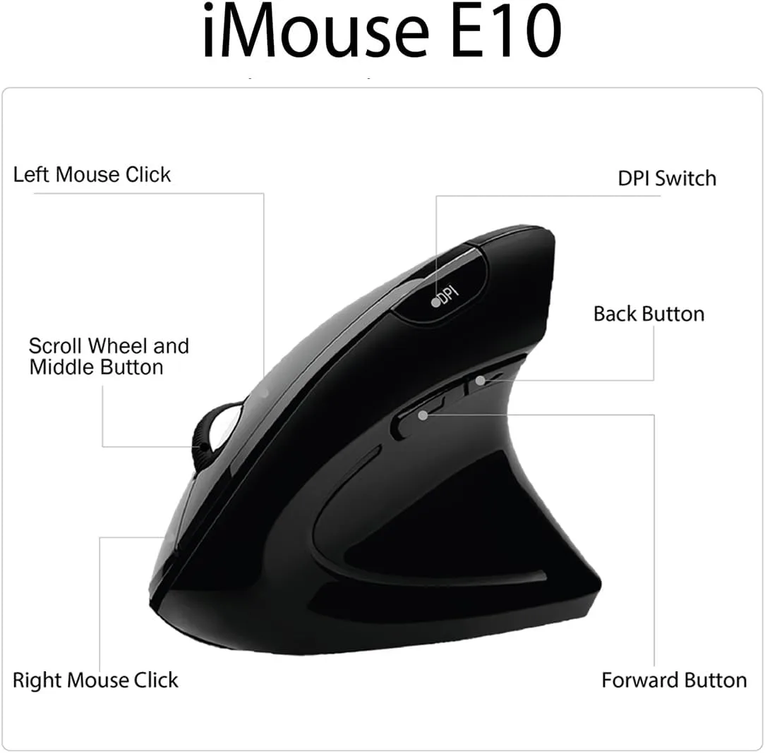 iMouse E10 - Vertical Ergonomic Optical 6-Button 2.4 GHz RF Wireless Mouse - Right Hand Orientation, Black