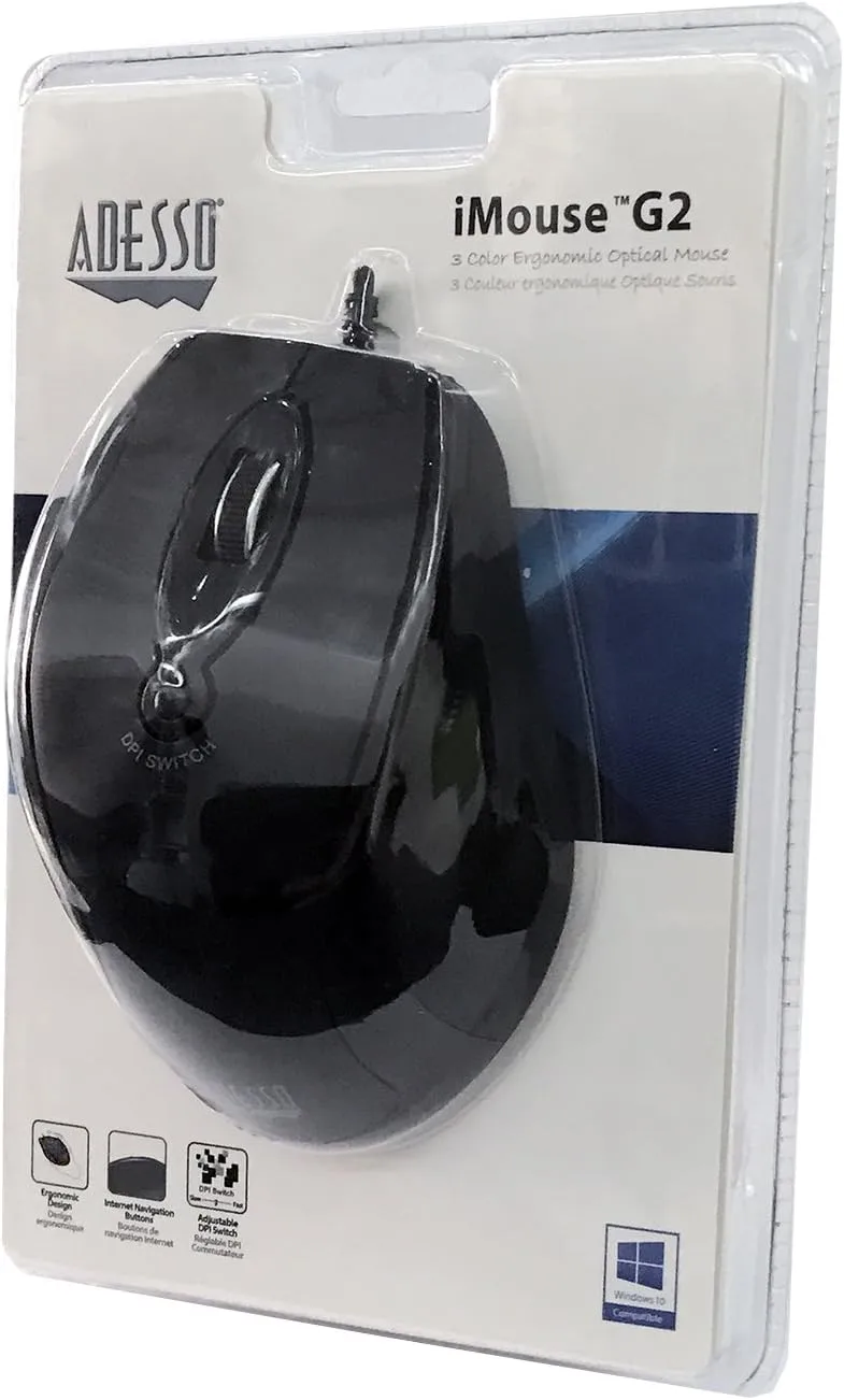 ADESSO iMouse G2 - USB Ergonomic Optical Mouse Adjustable DPI, Black