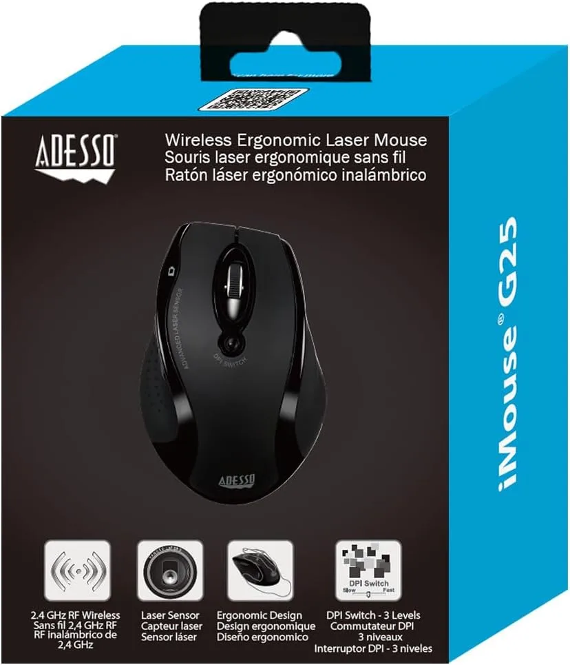 Adesso iMouse G25 Wireless RF Ergonomic Laser Mouse, Black