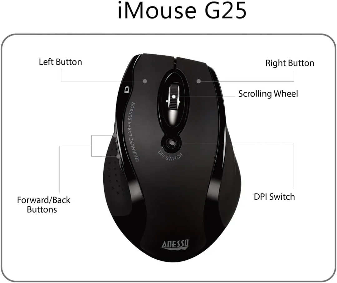 Adesso iMouse G25 Wireless RF Ergonomic Laser Mouse, Black