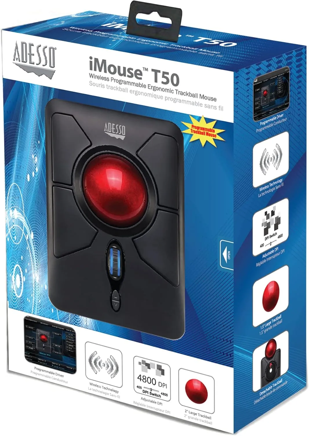 iMouse T50 Wireless Ergonomic Finger Trackball Mouse with Nano USB Receiver, Programmable 7 Button Design, and 5 Level DPI Switch, for Left and Right Hand