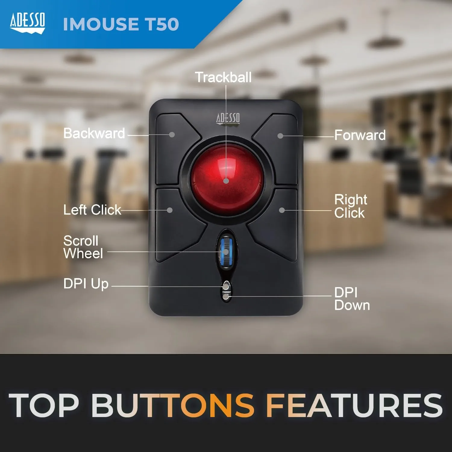iMouse T50 Wireless Ergonomic Finger Trackball Mouse with Nano USB Receiver, Programmable 7 Button Design, and 5 Level DPI Switch, for Left and Right Hand