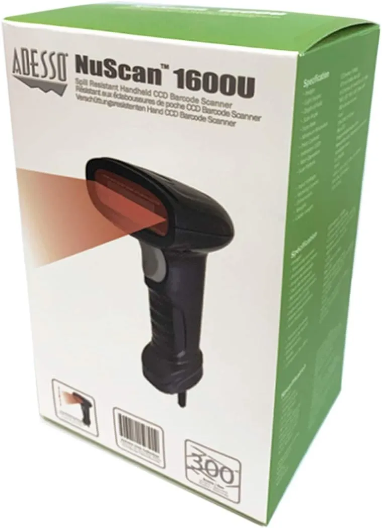 Adesso NuScan 1600U 1D Handheld CCD Barcode Scanner (USB) - Cable Connectivity - 300 scan/s - 16in Scan Distance