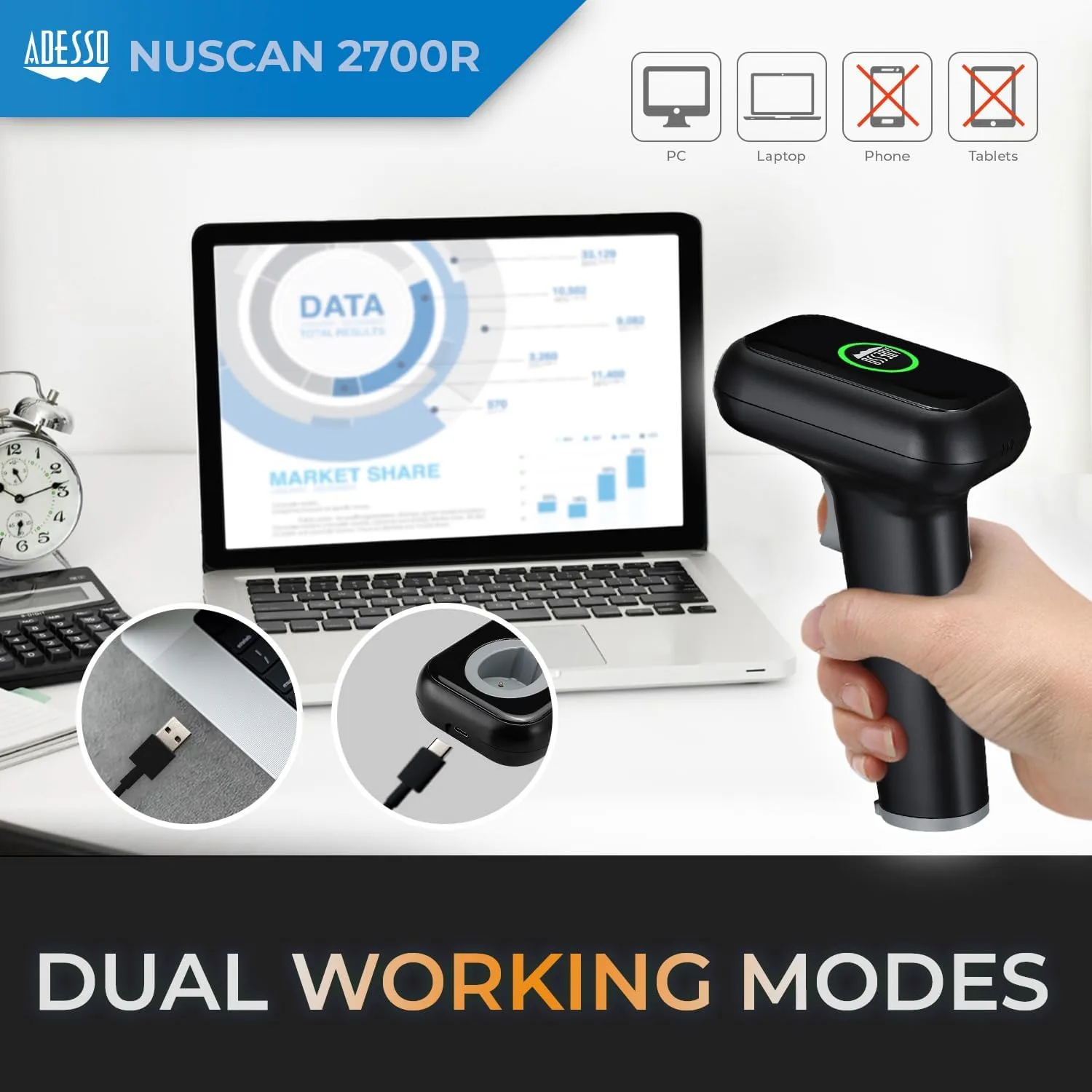 Nuscan 2700R Wireless Barcode Scanner with Charging Cradle - High-Speed 2D Scanning Engine, 120 FPS