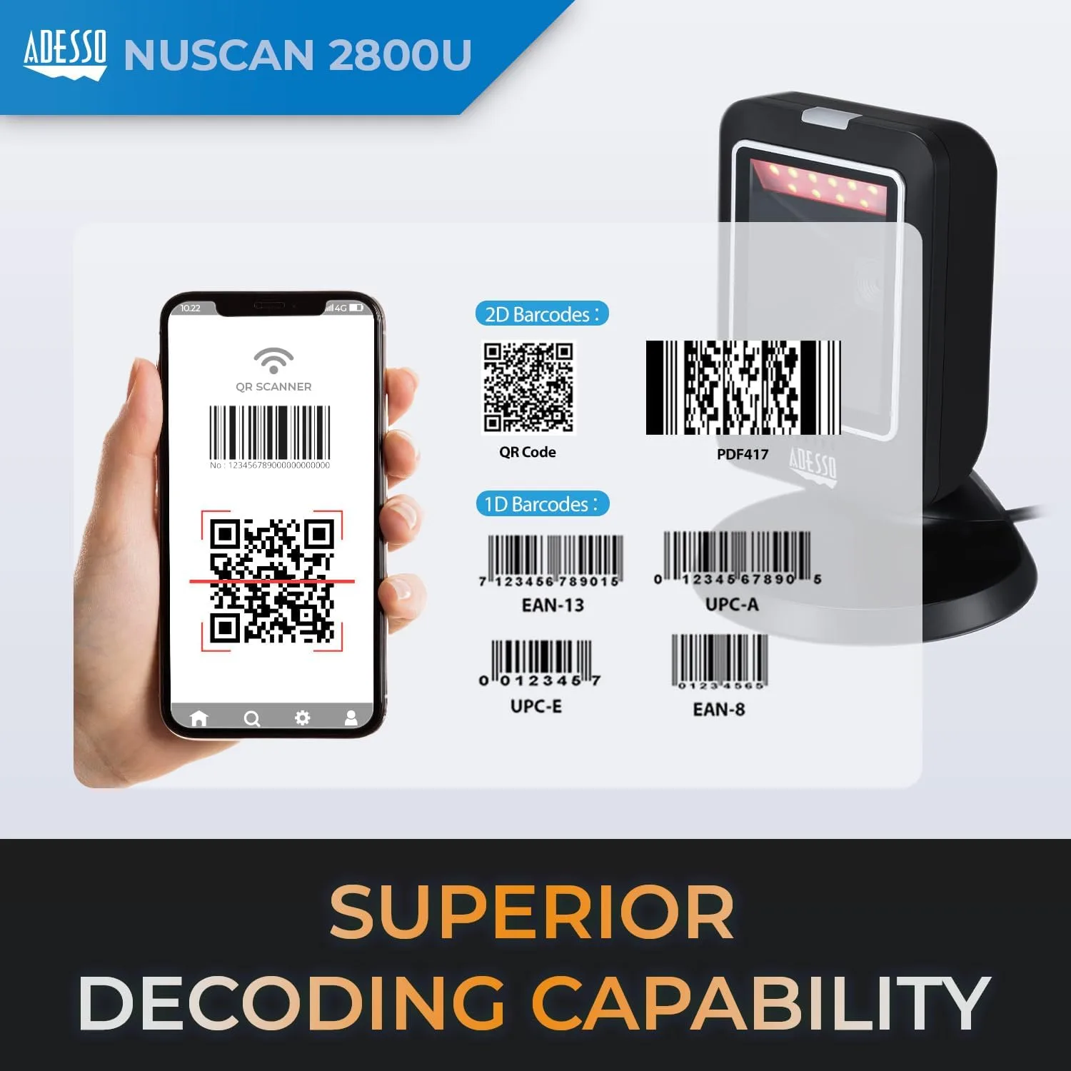 Adesso NuScan 2800U Omnidirectional 2D Desktop Barcode Scanner - Cable Connectivity - 12in Scan Distance - NUSCAN2800U