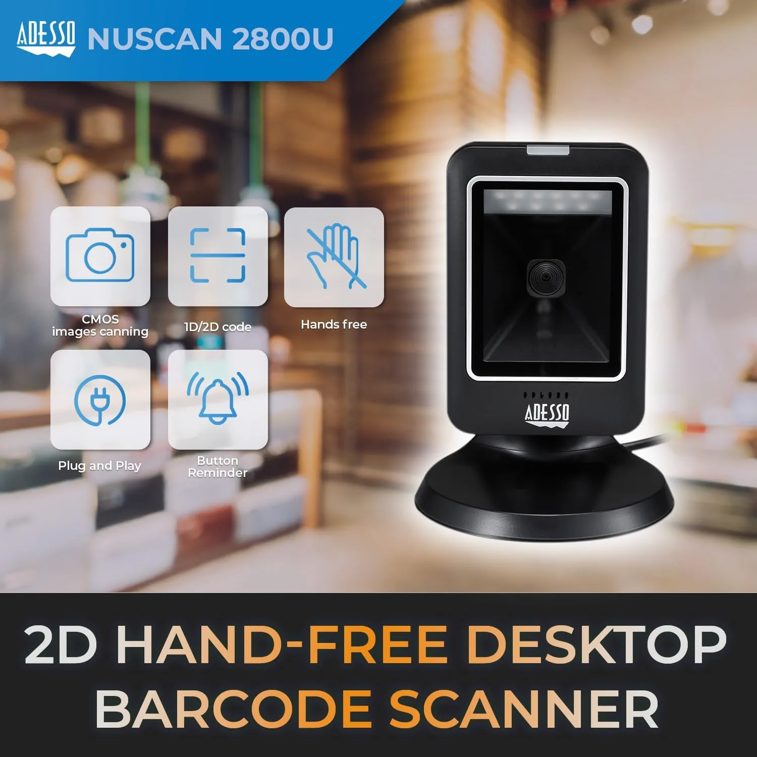 Adesso NuScan 2800U Omnidirectional 2D Desktop Barcode Scanner - Cable Connectivity - 12in Scan Distance - NUSCAN2800U