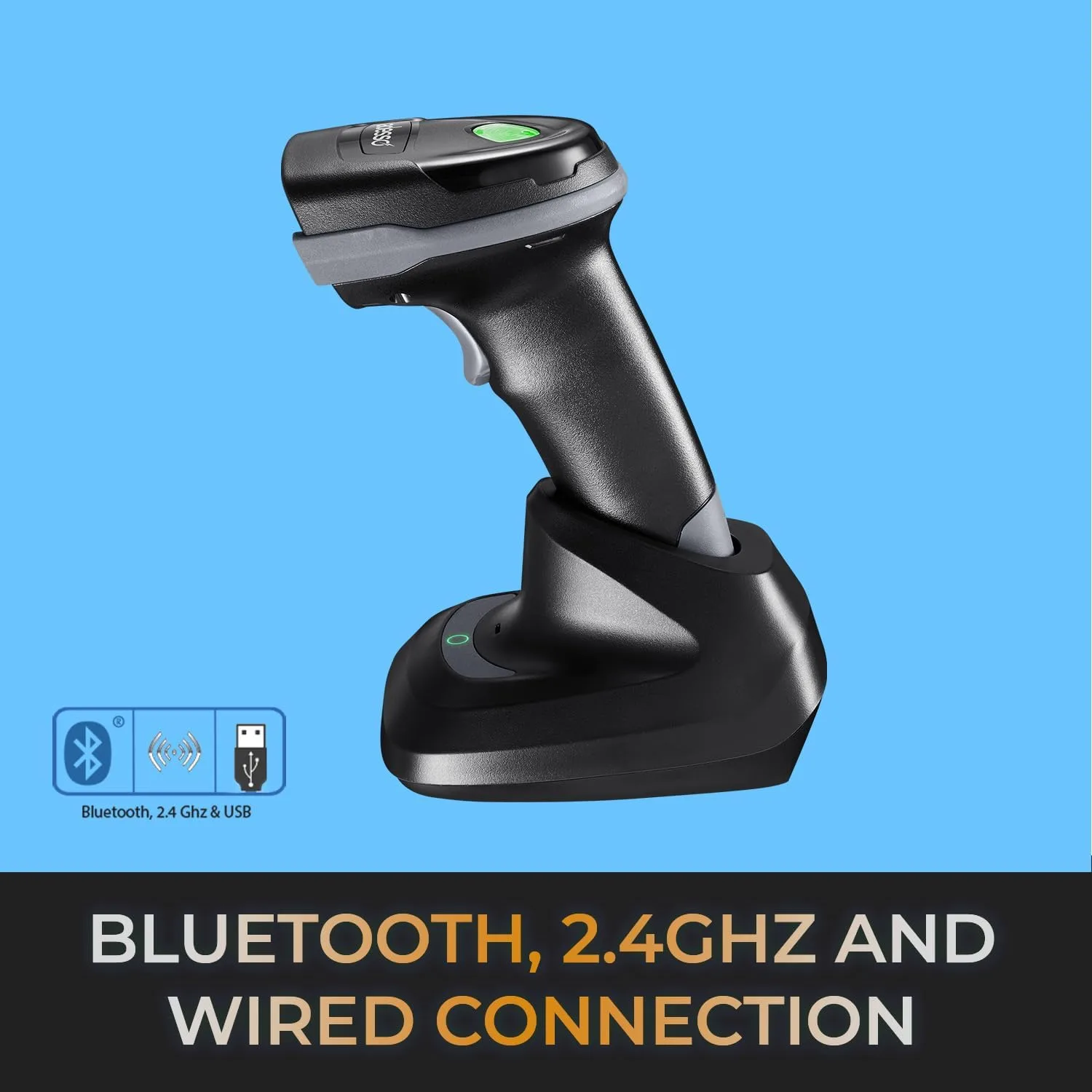 Adesso NuScan 3000 Wireless 2D Barcode Scanner with 3-Mode (Bluetooth/2.4GHz/USB) - Handheld CMOS Scanner with Charging Cradle, 12-inch Scan Depth, Made in Taiwan