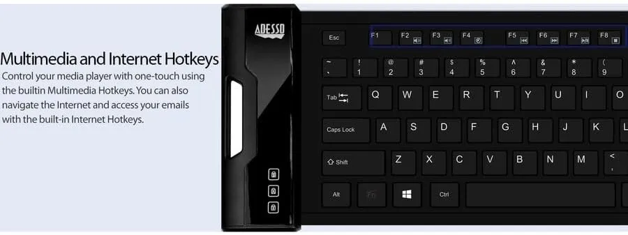 Adesso SlimTouch 232 Antimicrobial Waterproof Flexible Keyboard for Windows 8/7/Vista/XP/2000 (AKB-232UB), black