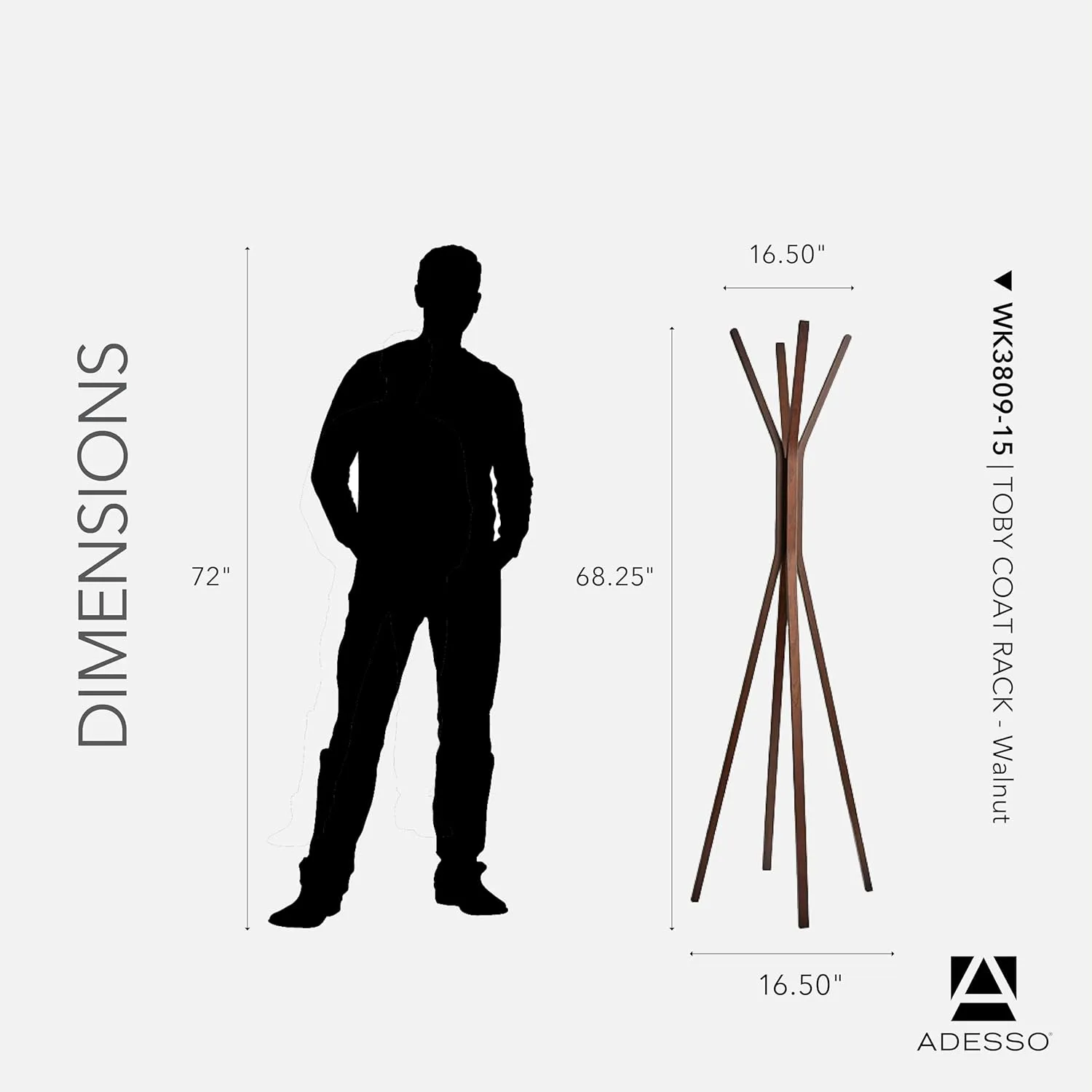 Adesso Toby Coat Rack, 68.25" T x 16.5" W x 16.5" D, Walnut
