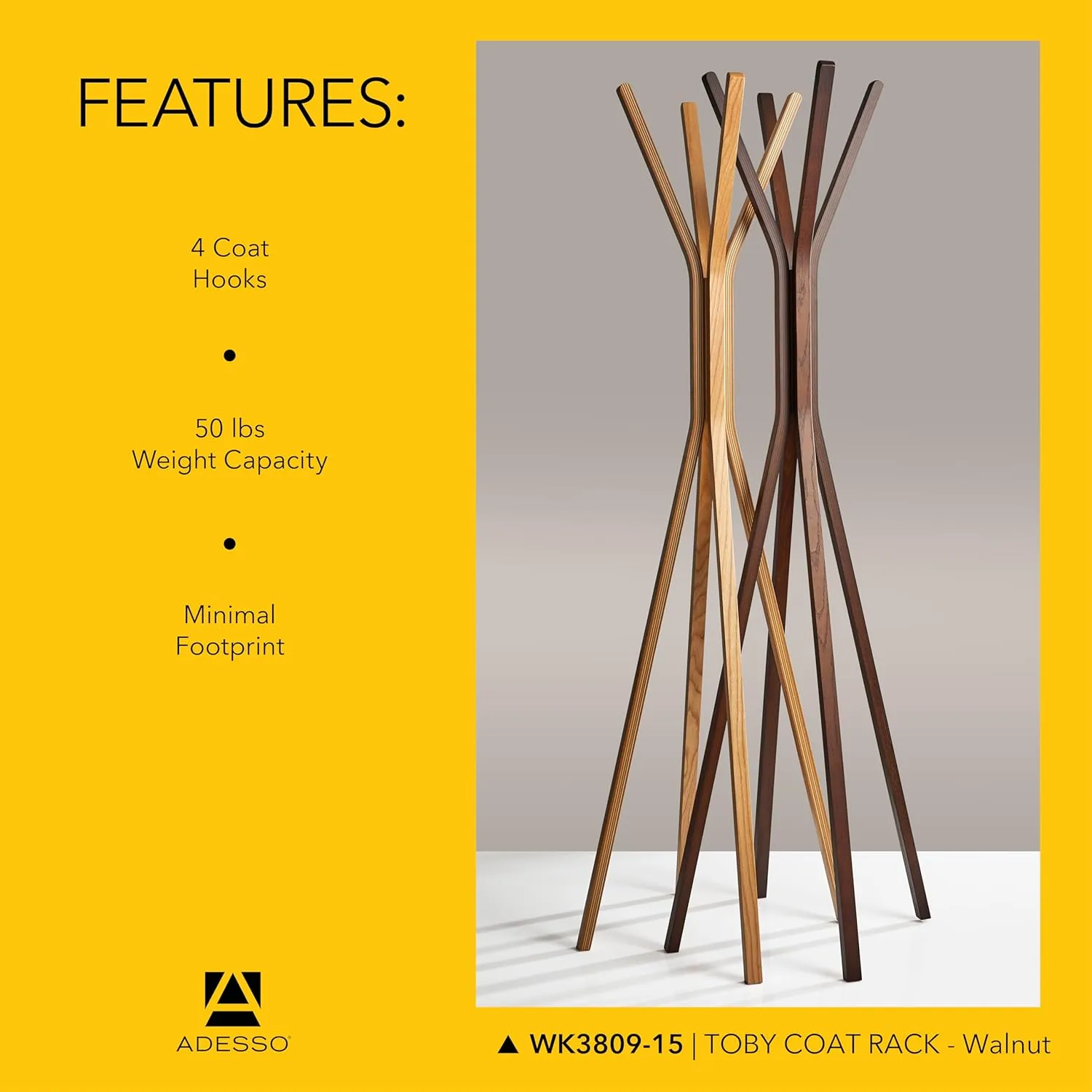 Adesso Toby Coat Rack, 68.25" T x 16.5" W x 16.5" D, Walnut
