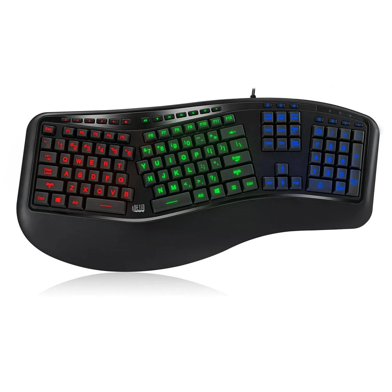 Adesso Tru-Form 150 3-Color Illuminated USB Ergonomic Keyboard, Black, AKB-150EB