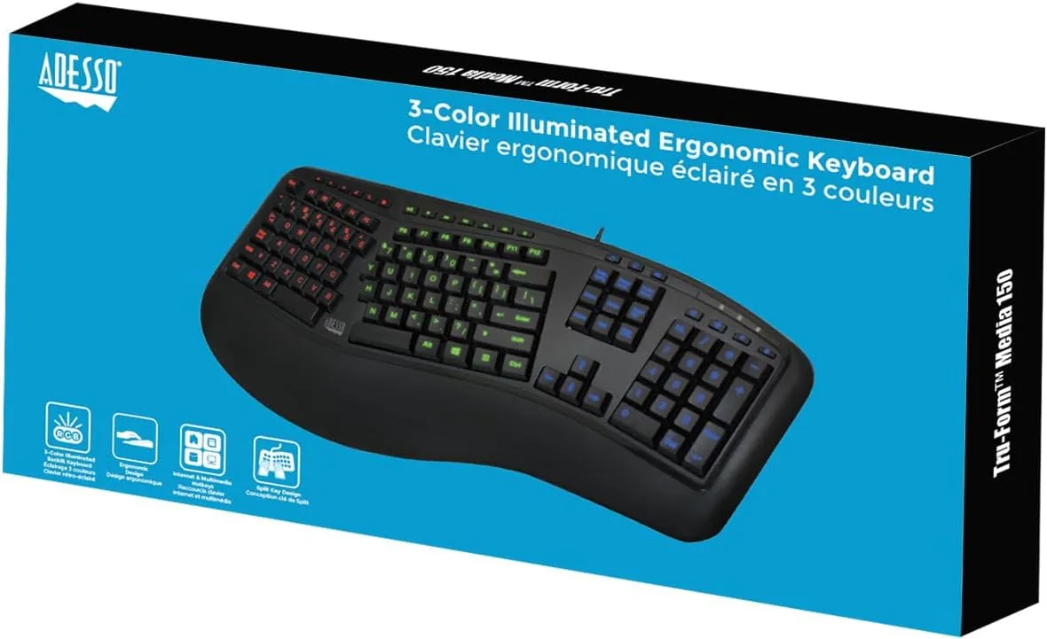 Adesso Tru-Form 150 3-Color Illuminated USB Ergonomic Keyboard, Black, AKB-150EB