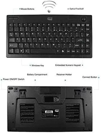 WKB-3100UB Wireless Mini Trackball Keyboard - Compact 87-Key Layout, Built-in 800 DPI Optical Trackball