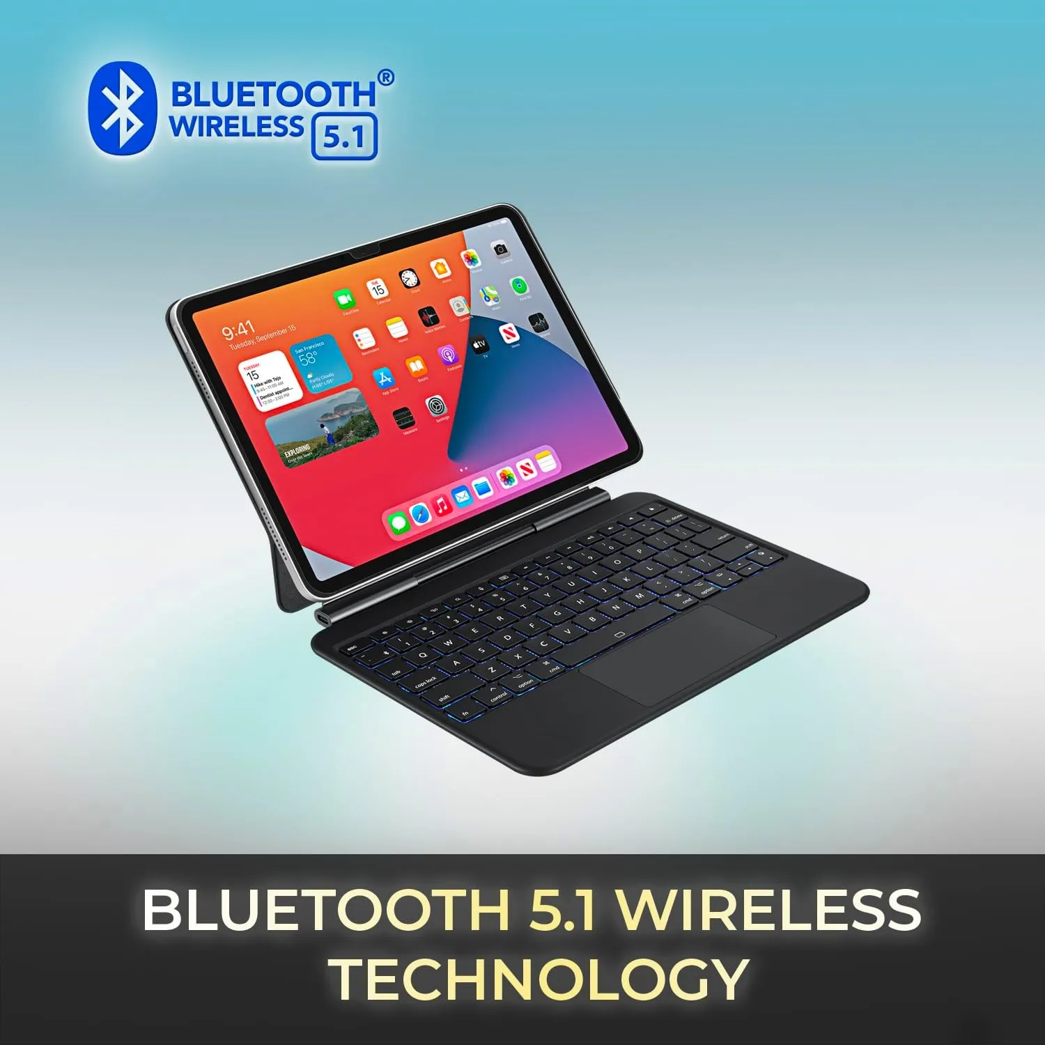 ADESSO WKB-7010 Bluetooth Keyboard Case with Touchpad for iPad Pro 11 inch and iPad Air 10.9 inch, Detachable Wireless Keyboard, Rechargeable Battery, Aluminum Design, Black