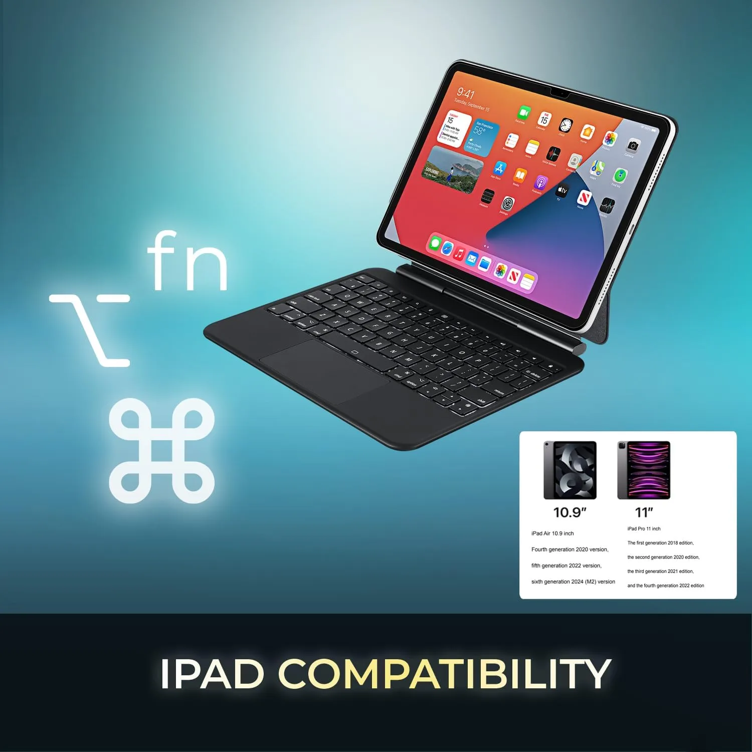 ADESSO WKB-7010 Bluetooth Keyboard Case with Touchpad for iPad Pro 11 inch and iPad Air 10.9 inch, Detachable Wireless Keyboard, Rechargeable Battery, Aluminum Design, Black